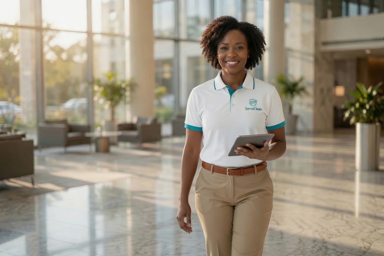 ServeClean team member walking through a bright commercial facility with a tablet