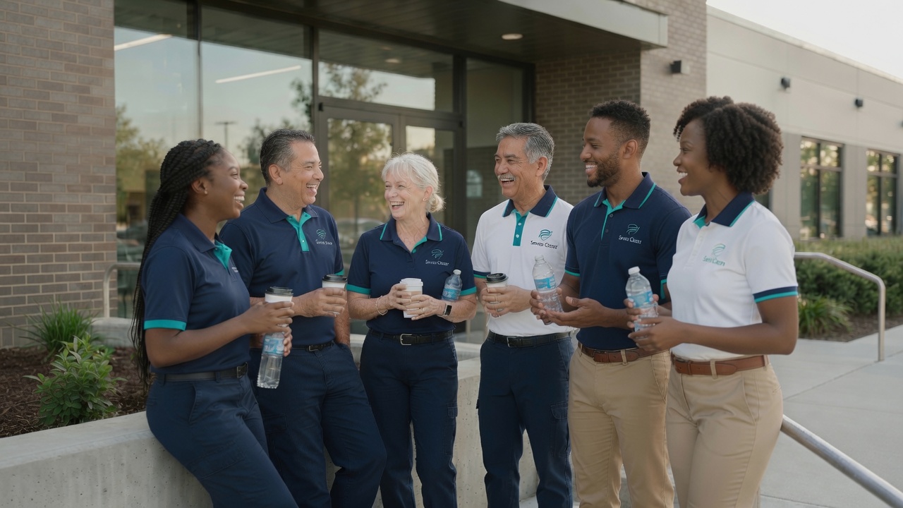 ServeClean team members laughing together outside a commercial facility