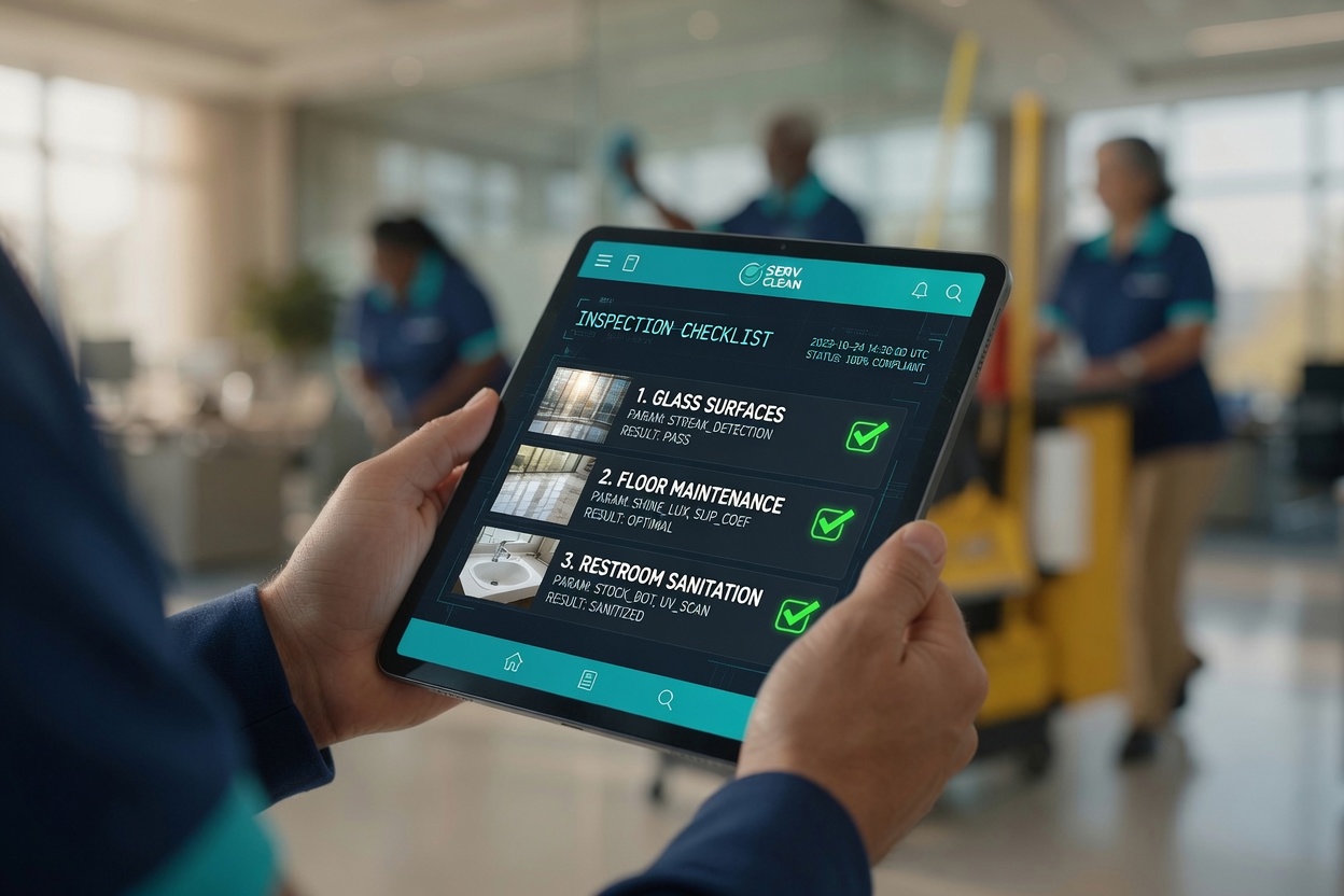 ServeClean supervisor using ServeNexus tablet inspection checklist on-site