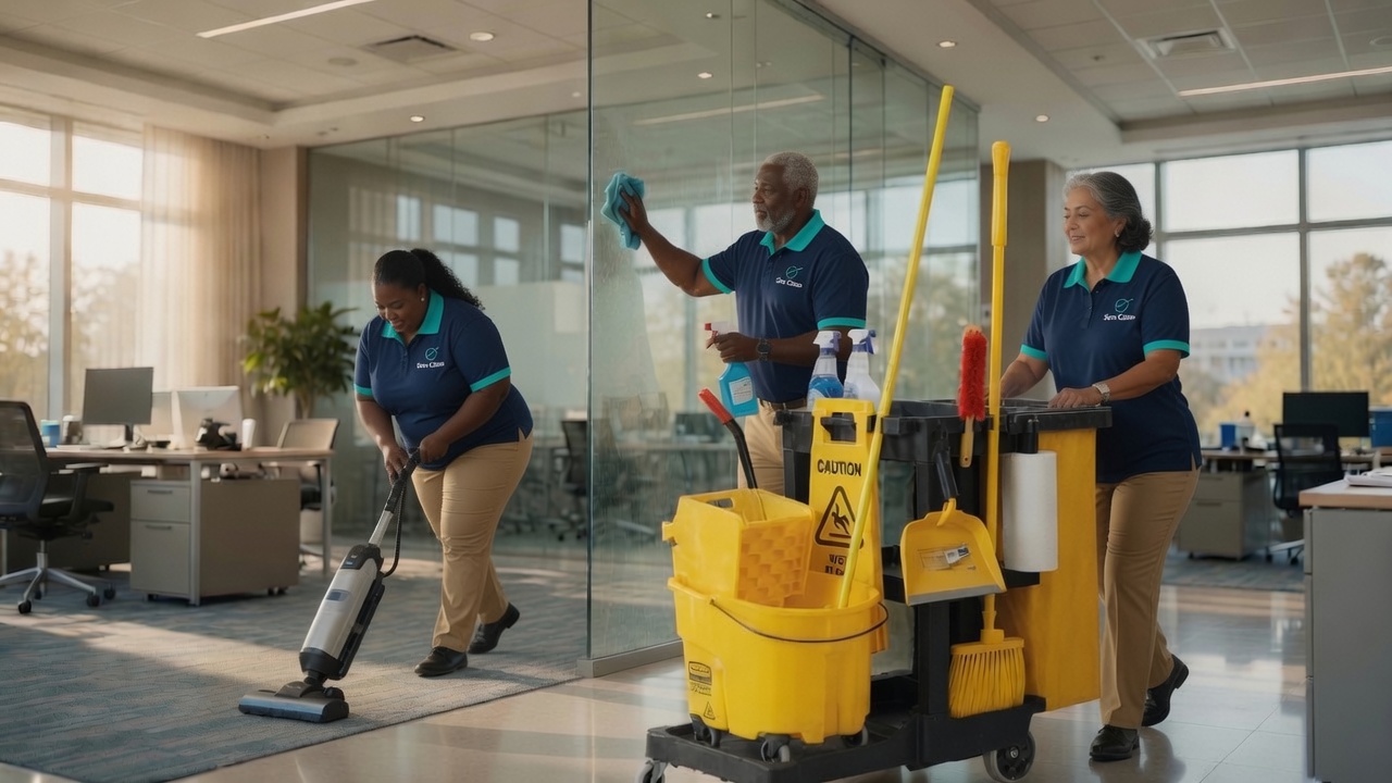 ServeClean crew cleaning an office space including window washing and floor care